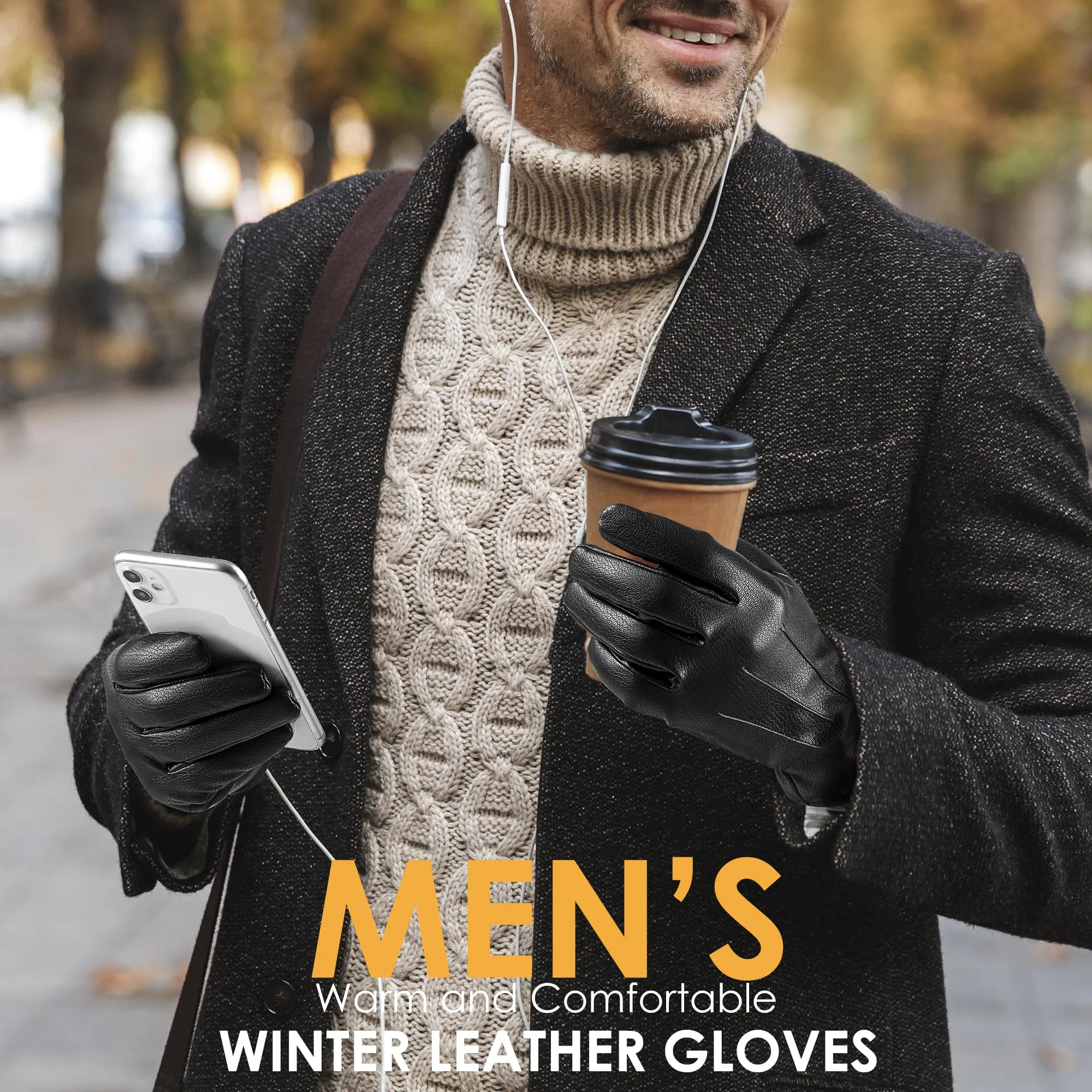 alqqas Winter Fashion Leather Gloves for Men, Finger Touchscreen Texting Wool Lined Warm Windproof Suede Driving Gloves