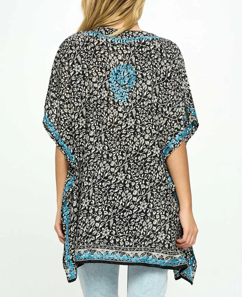 Black and White Poncho Wrap Top With Hand Embroidery