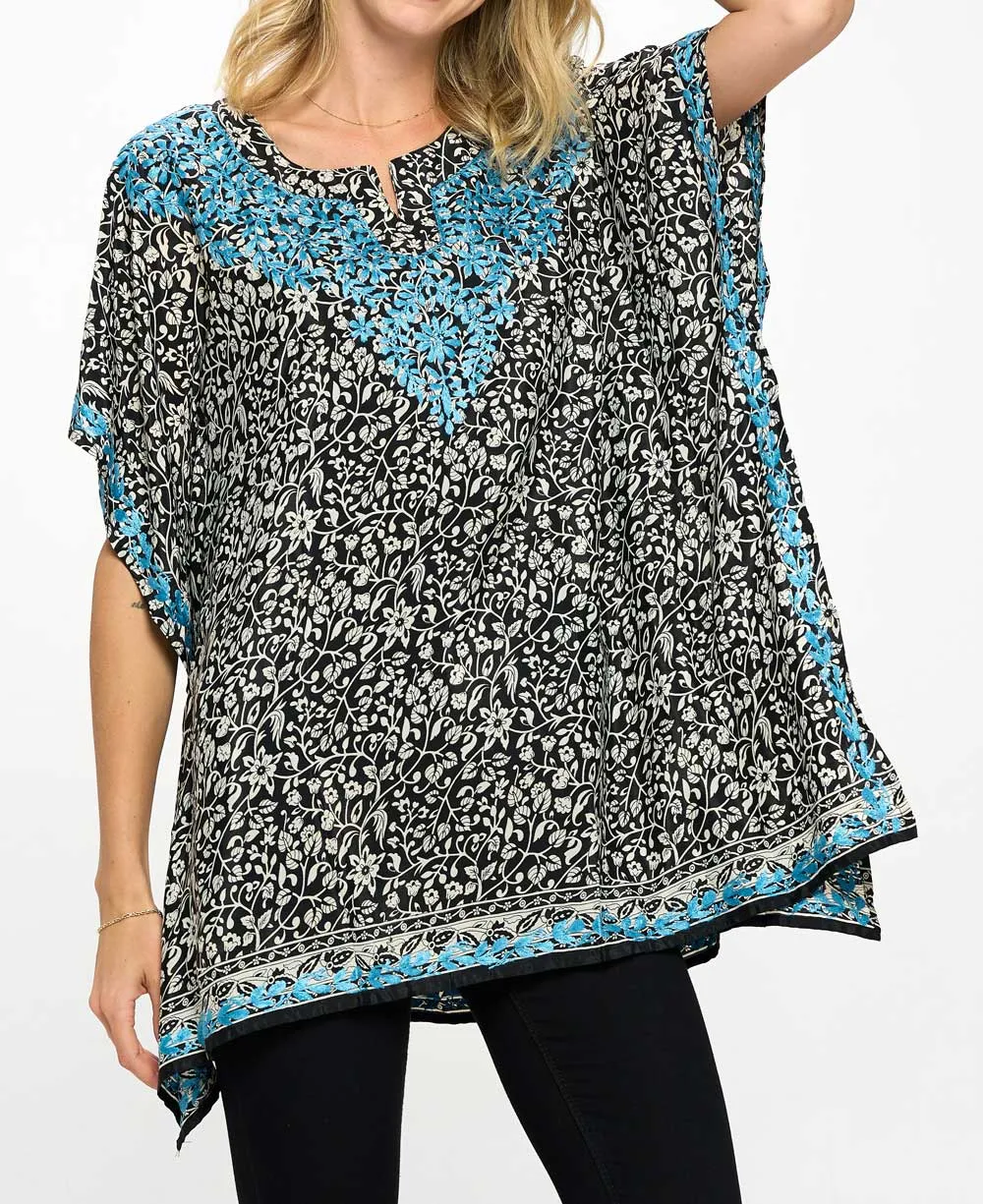 Black and White Poncho Wrap Top With Hand Embroidery