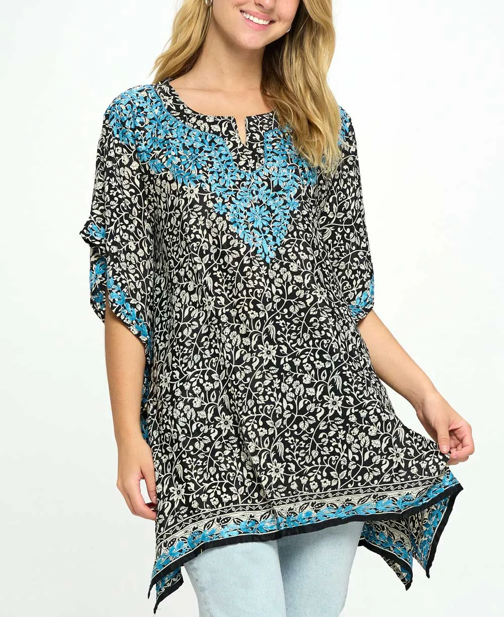 Black and White Poncho Wrap Top With Hand Embroidery