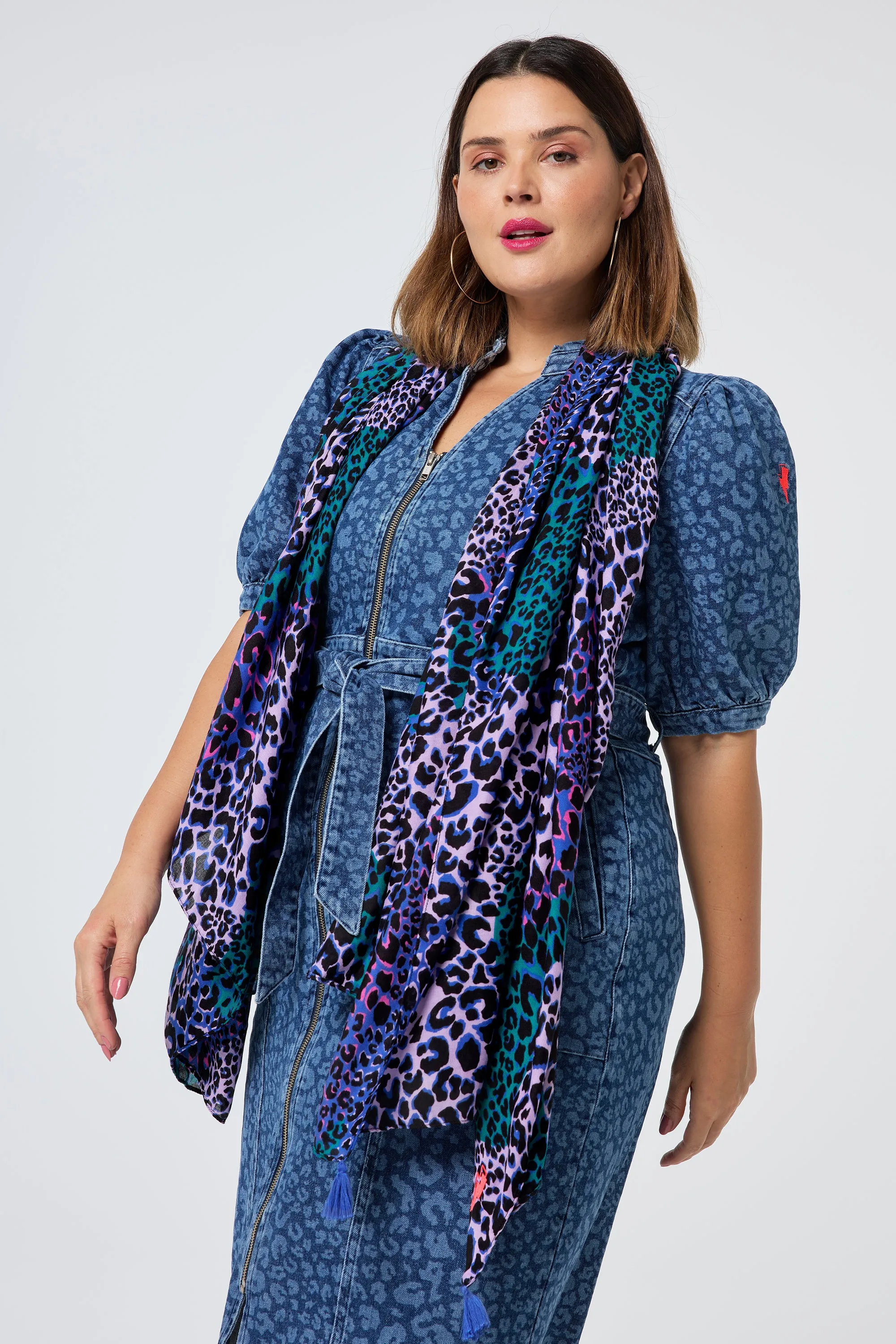 Blue with Green and Lilac Spliced Leopard Charity Super Scarf