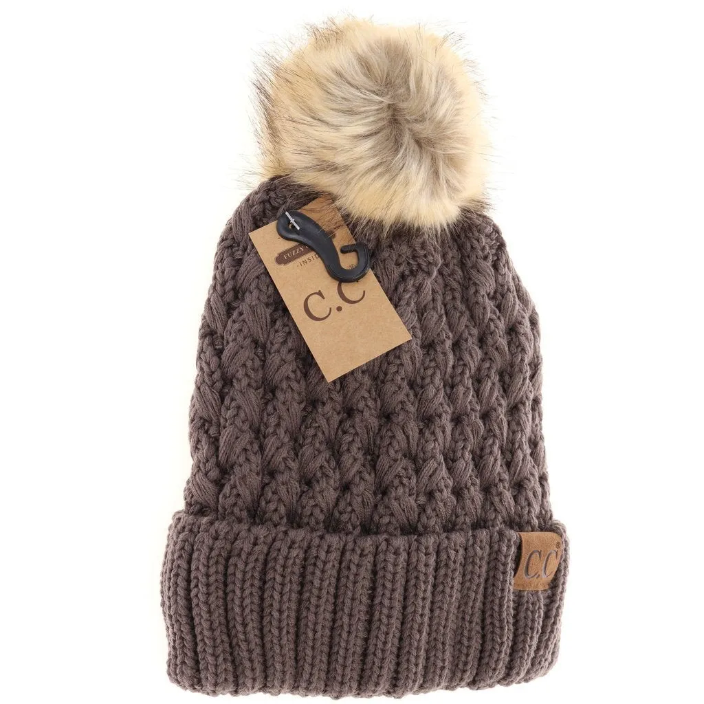 CC Beanie Lattice Stitch Fur With Pom Pom in Clay or Grey