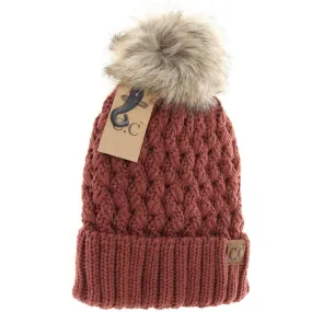 CC Beanie Lattice Stitch Fur With Pom Pom in Clay or Grey