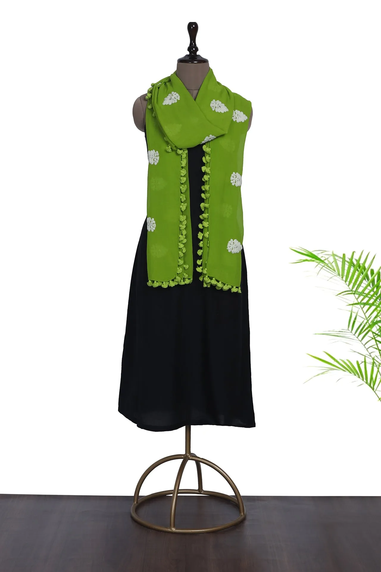 Green-White Color Embroidered Georgette Silk Stole