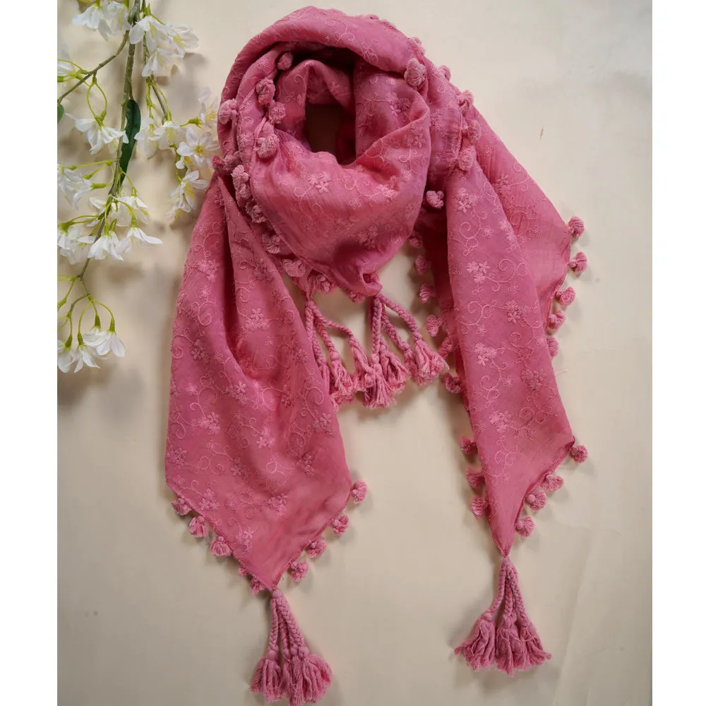 Light Pink Color Embroidered Chanderi Scarves with Tassels