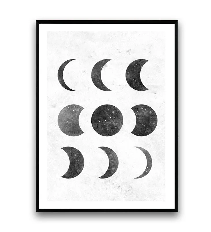 Minimalist moon phases print, black and white art, modern art