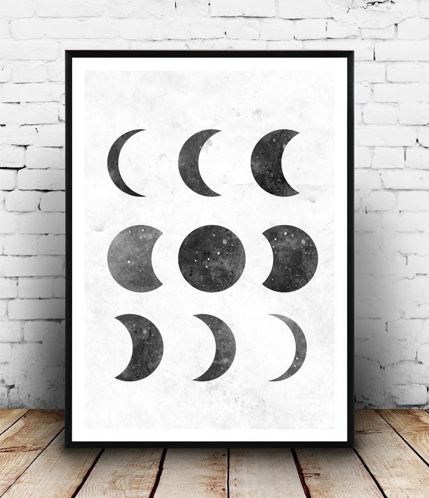 Minimalist moon phases print, black and white art, modern art