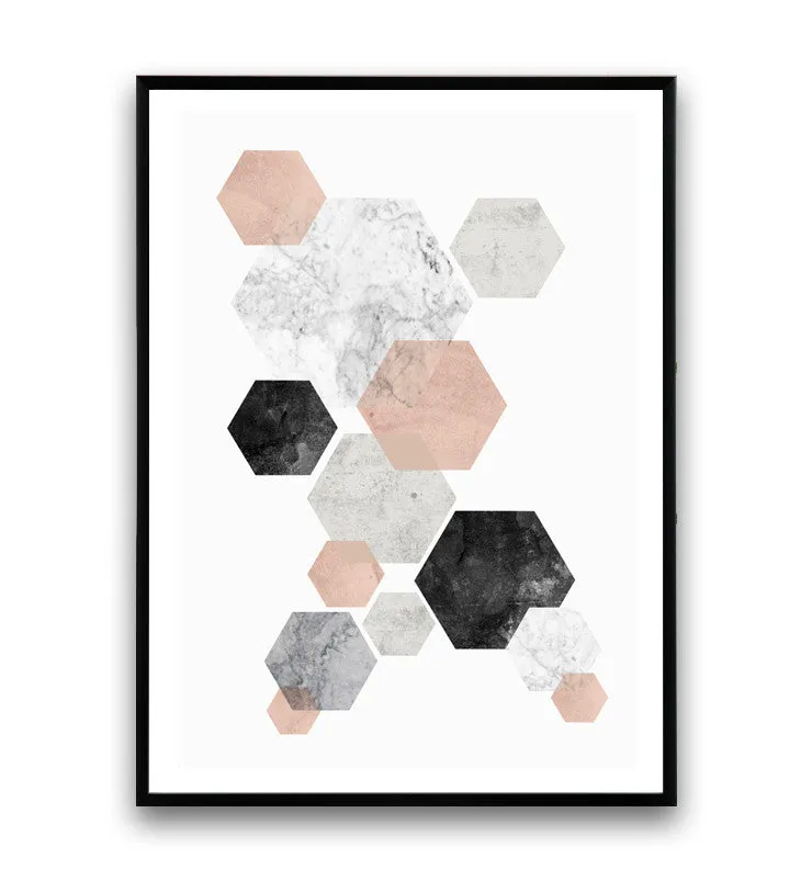 Minimalist wall art, pink and gray abstract print, hexagon decor