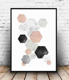 Minimalist wall art, pink and gray abstract print, hexagon decor