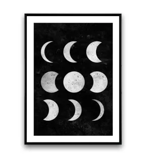 Moon phases print, black and white wall art, watercolor poster