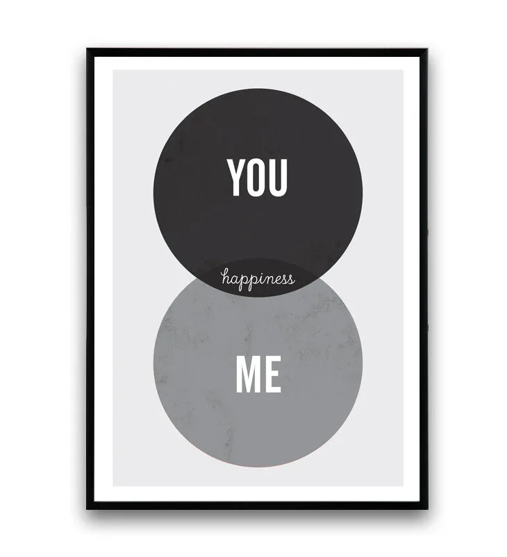 Positive quote prin, black and white art, you and me poster, nordic design