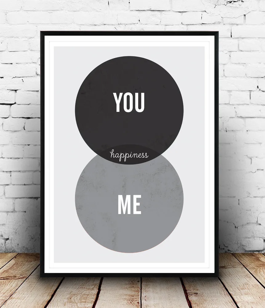 Positive quote prin, black and white art, you and me poster, nordic design