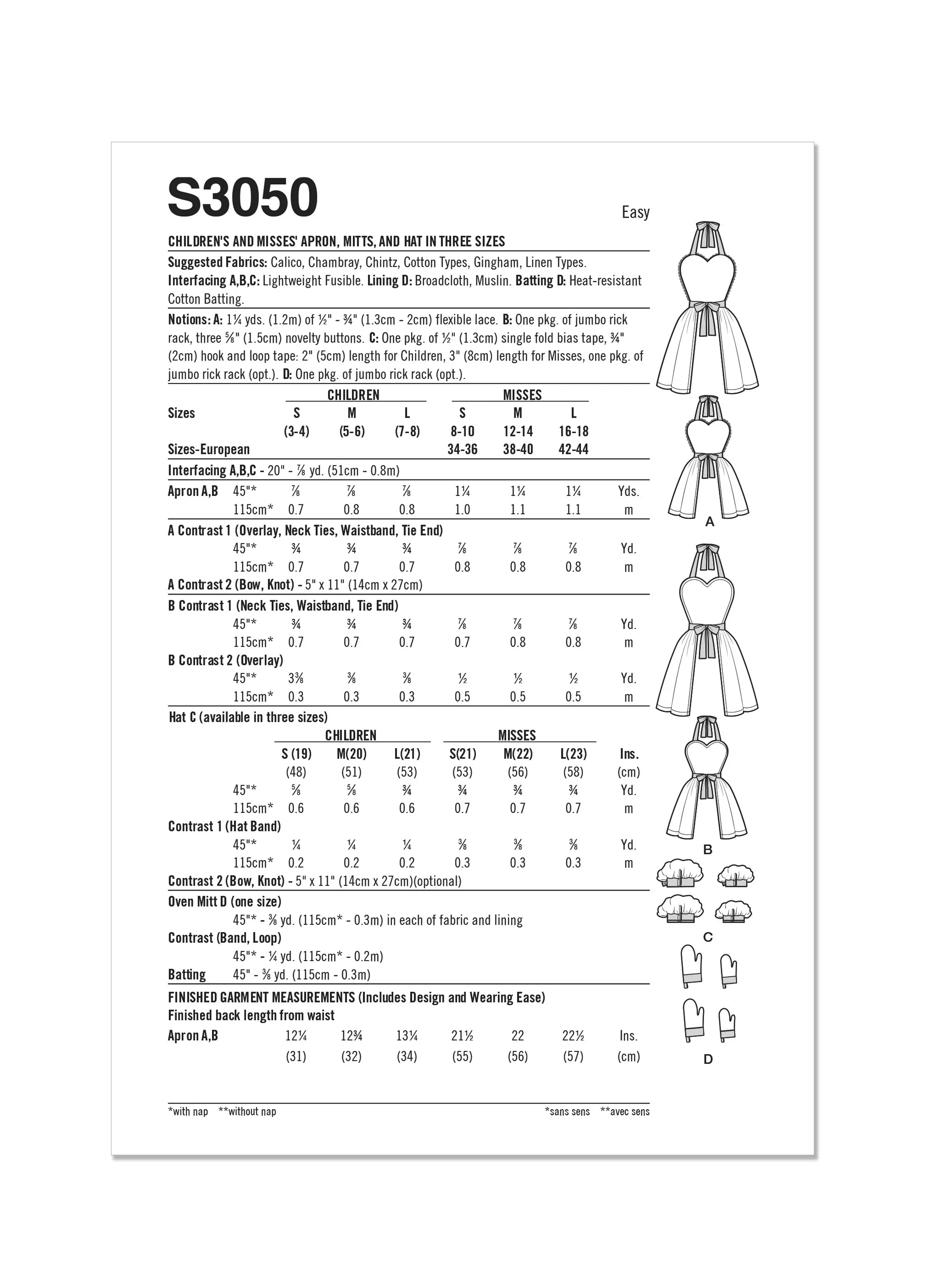 Simplicity sewing pattern S3050 Misses' Apron, Mitts and Hat