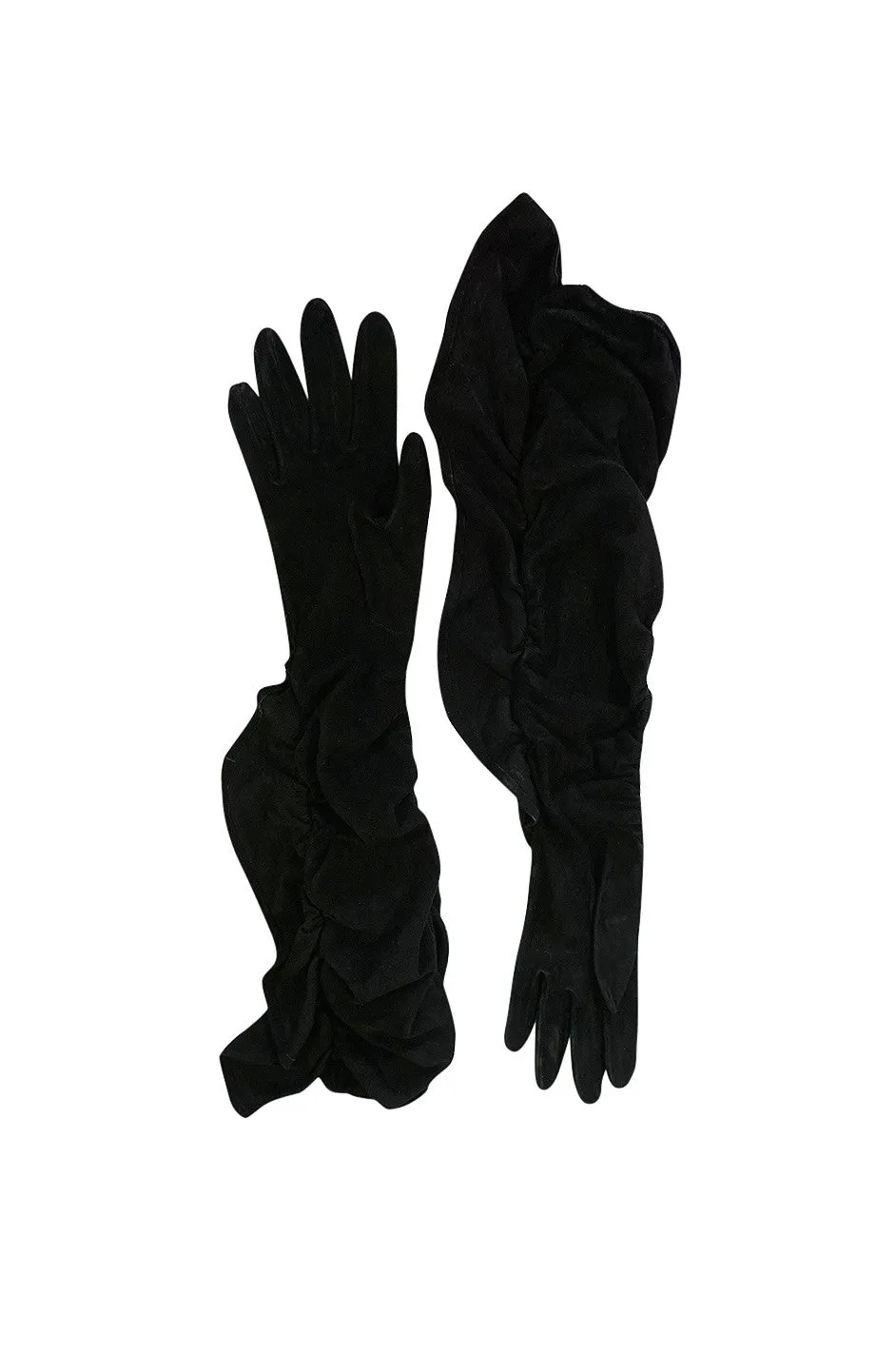 Vintage Hermes Black Suede Opera Gloves with Ruffle