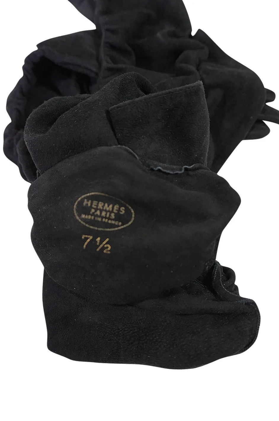 Vintage Hermes Black Suede Opera Gloves with Ruffle