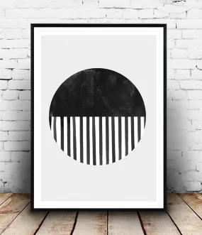 Watercolor circle print, geometric abstract poster, monochrome wall art, stripes print