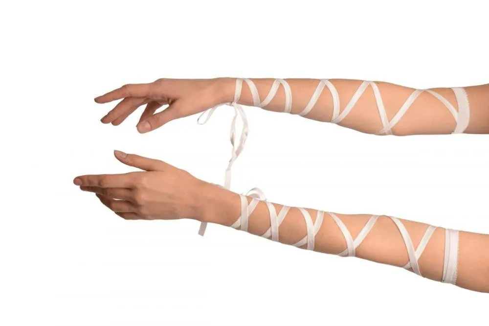 White Elasticated Satin Ribbon Arm Wraps (Gloves)