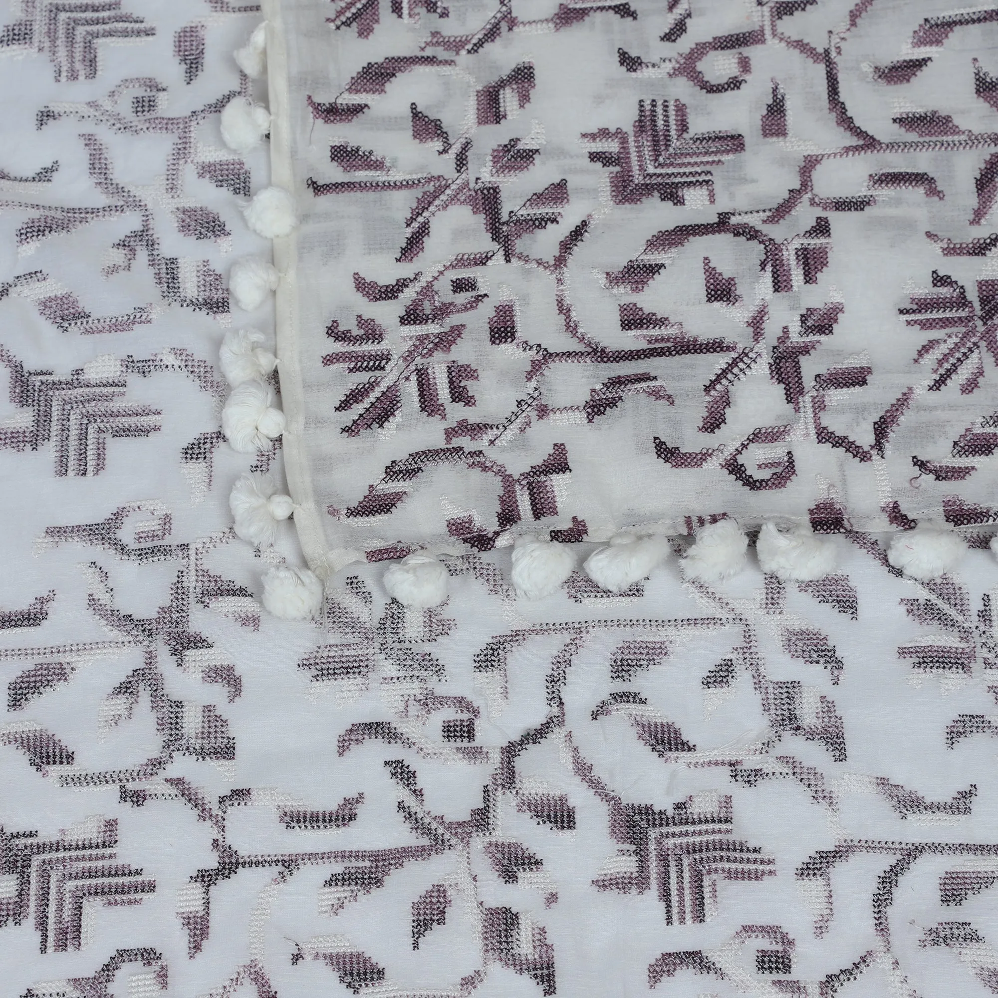 White-Purple Color Embroidered Pure Chanderi Stole